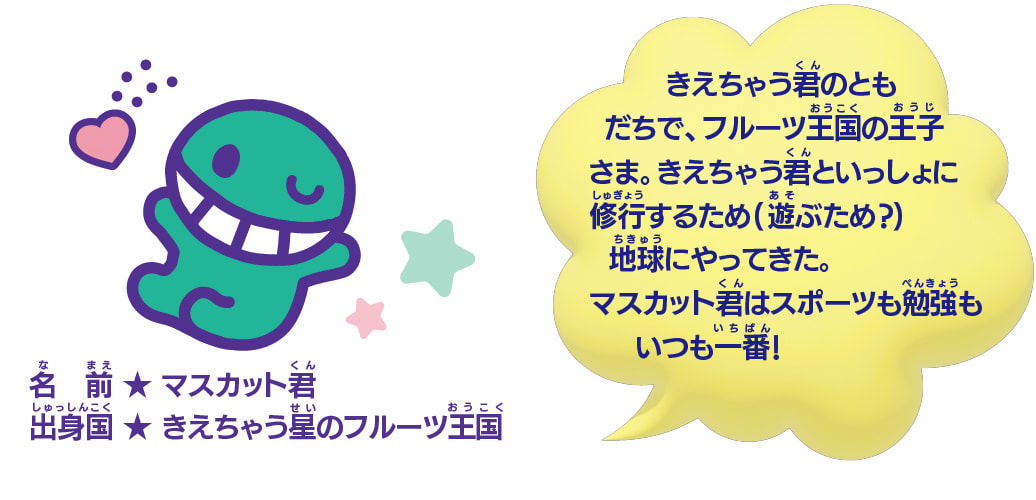 マスカット君：きえちゃう君の友達で、フルーツ王国の王子さま